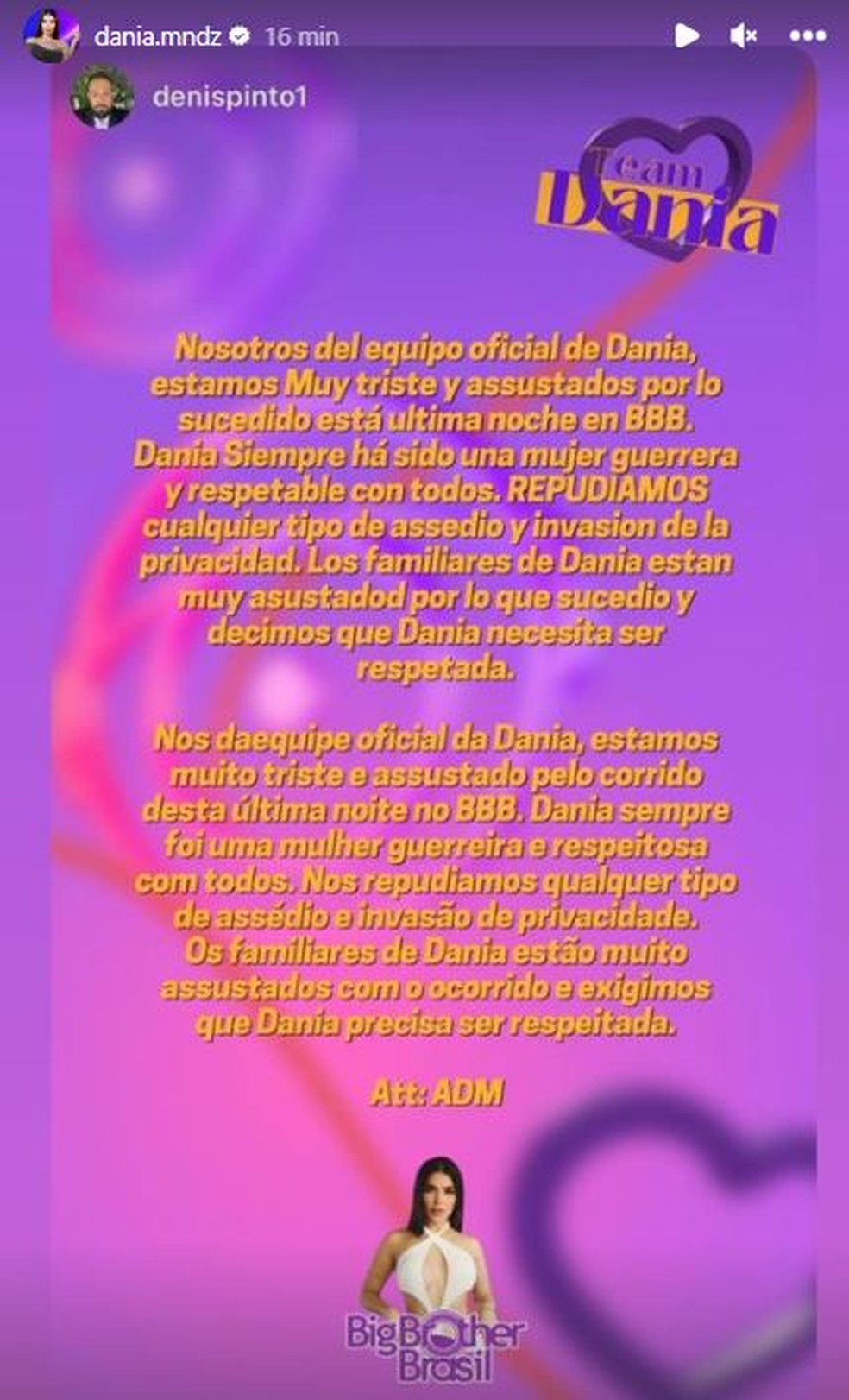 Equipe De Dania Mendez Se Pronuncia Ap S Acusa Es De Ass Dio Invas O De Privacidade