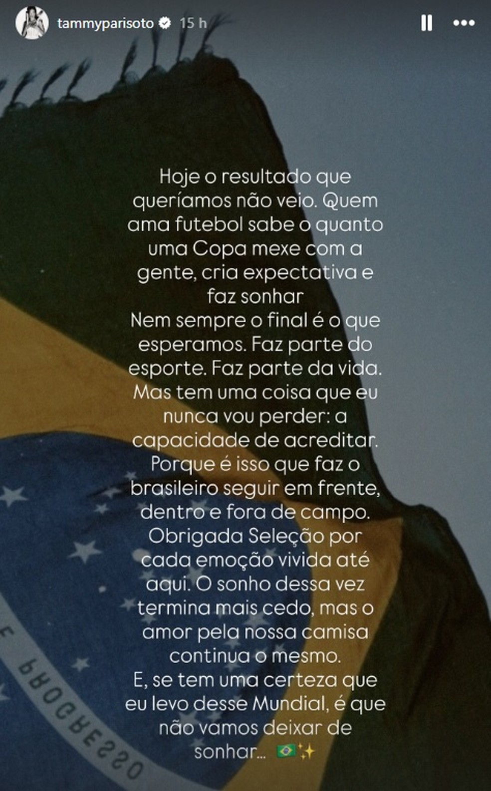 Tammy Parisoto depois da eliminação do Brasil da Copa de 2026 — Foto: Reprodução/Instagram