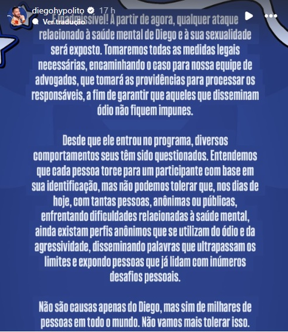 Postagem da equipe de Diego Hypolito no Instagram &mdash; Foto: Reprodu&ccedil;&atilde;o/Instagram