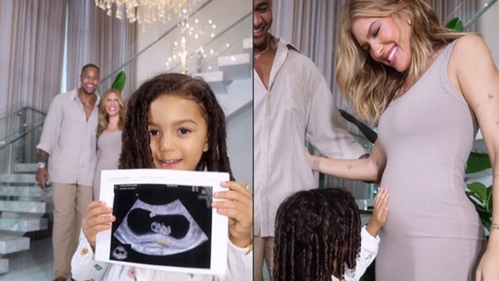 Lore Improta, Léo Santana e sua filha Liz em vídeo anunciando a gravidez do segundo filho do casal. — Foto: Reprodução / Instagram