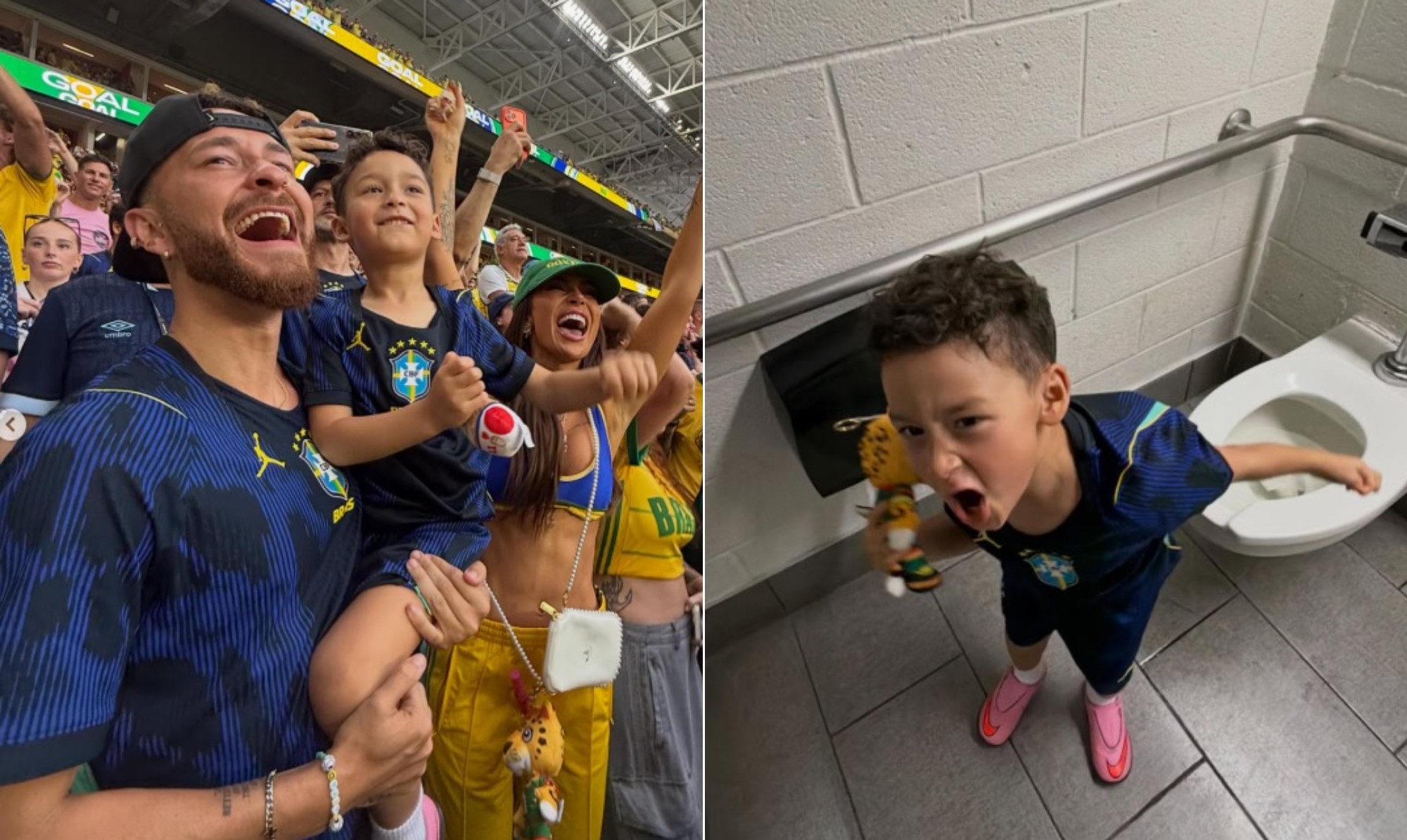 Fred Bruno entrega registros de gols do Brasil ao lado do filho e diverte web: 'Estávamos no banheiro'