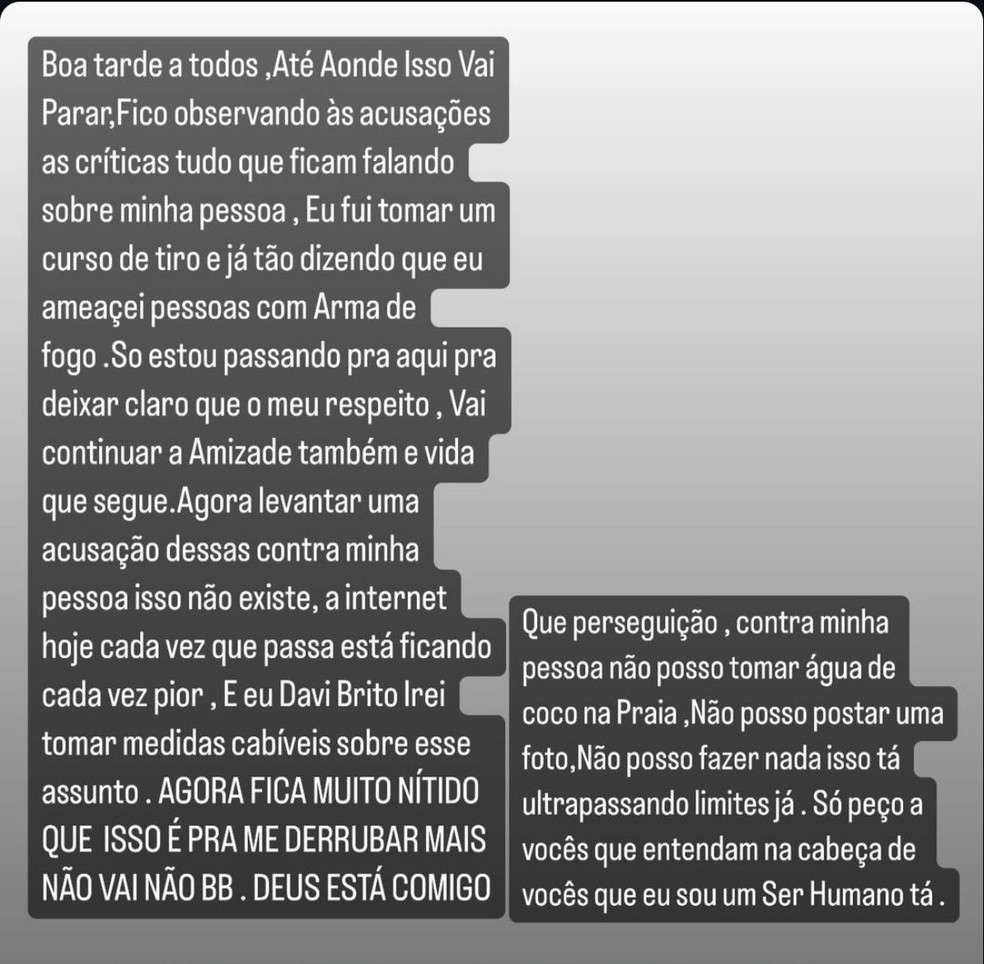 Davi se defende de acusação por suposta ameaça a Tamires de Assis — Foto: Reprodução/Instagram