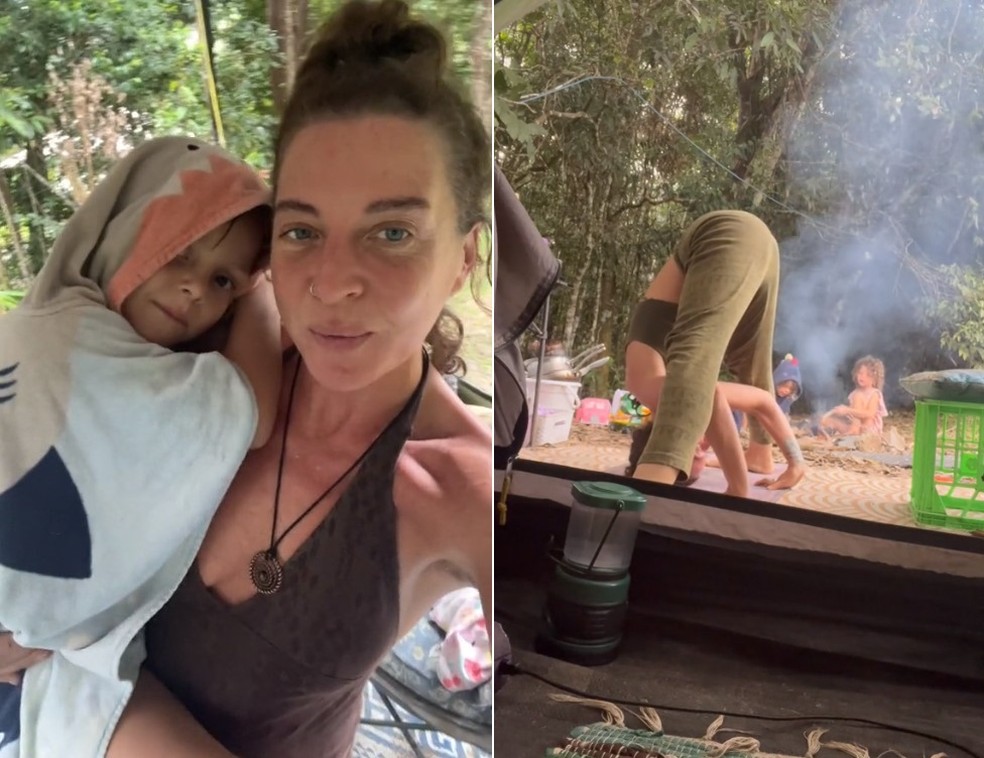 Lucy Aura e os filhos: vivendo numa barraca por escolha dela &mdash; Foto: Reprodu&ccedil;&atilde;o/TikTok