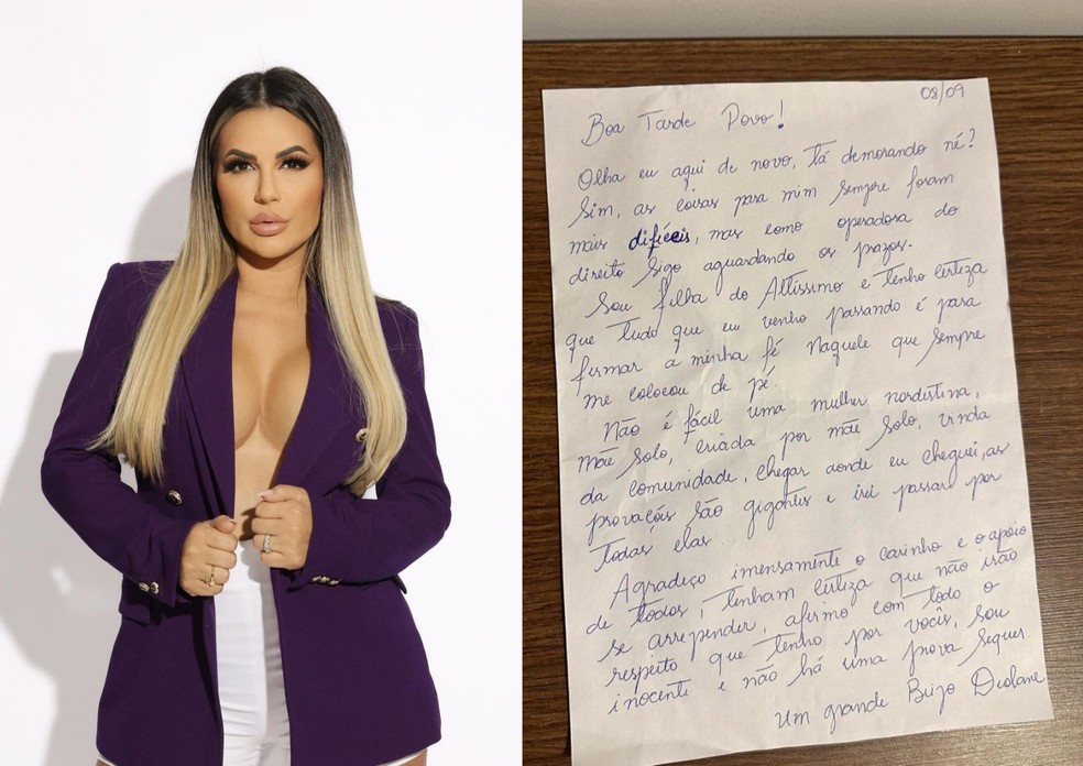 Carta escrita por Deolane de dentro da prisão — Foto: Reprodução/Instagram