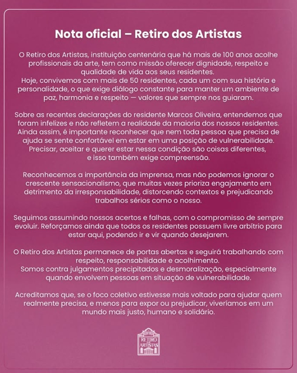 Retiro dos Artistas se pronuncia após críticas de Marcos Oliveira, o Beiçola — Foto: Reprodução/Instagram