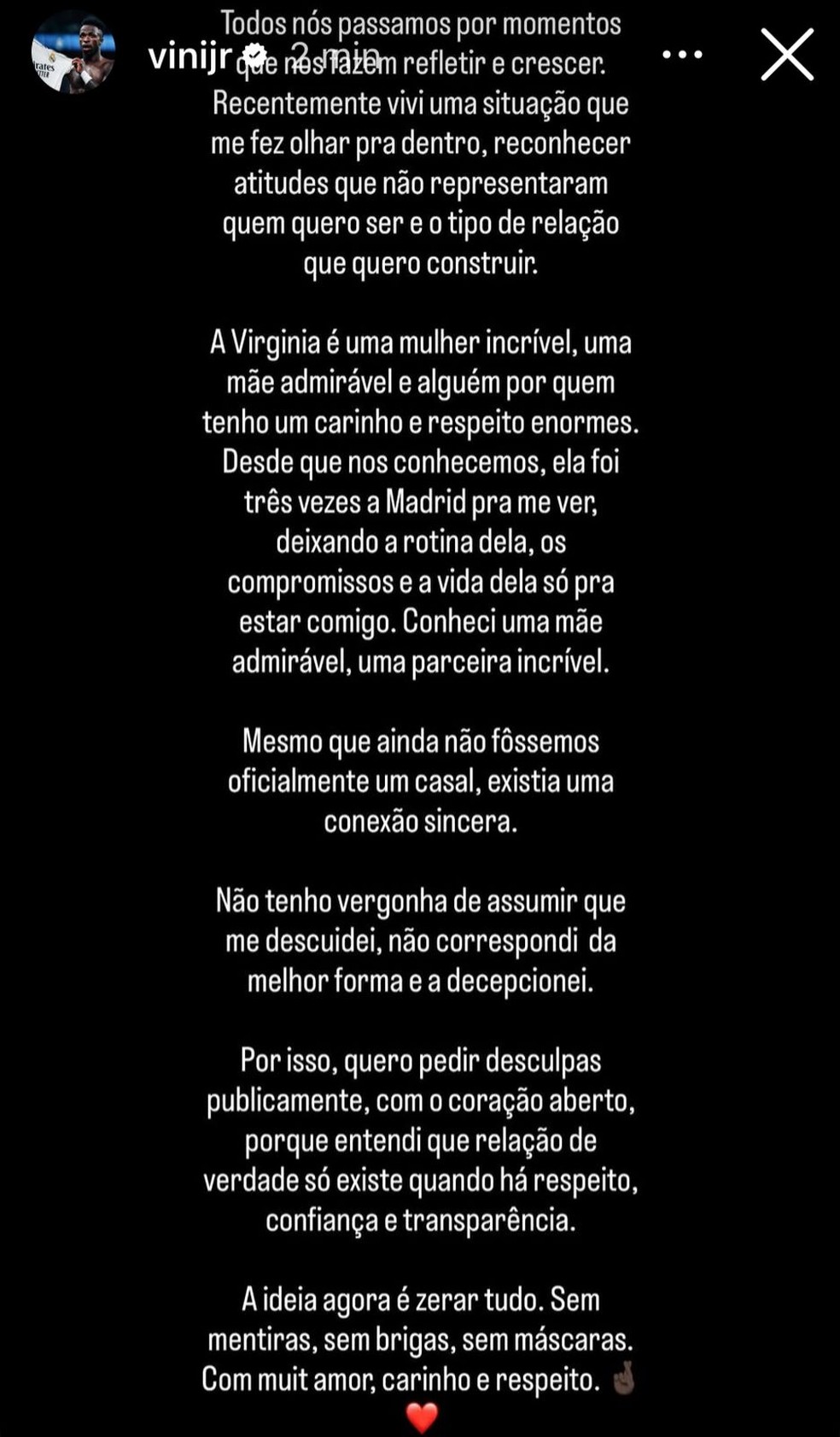 Vini Jr. se desculpa com Virginia após fim de affair — Foto: Reprodução/Instagram