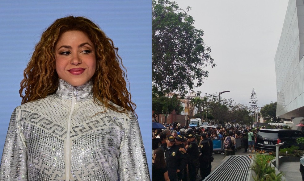 Shakira em show no Brasil e seus f&atilde;s peruanos em frente ao hospital &mdash; Foto: Pablo PORCIUNCULA/AFP | Reprodu&ccedil;&atilde;o/X