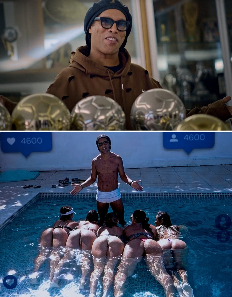 Ronaldinho Gaúcho 'refaz' com troféus foto polêmica com mulheres na piscina — Foto: Reprodução
