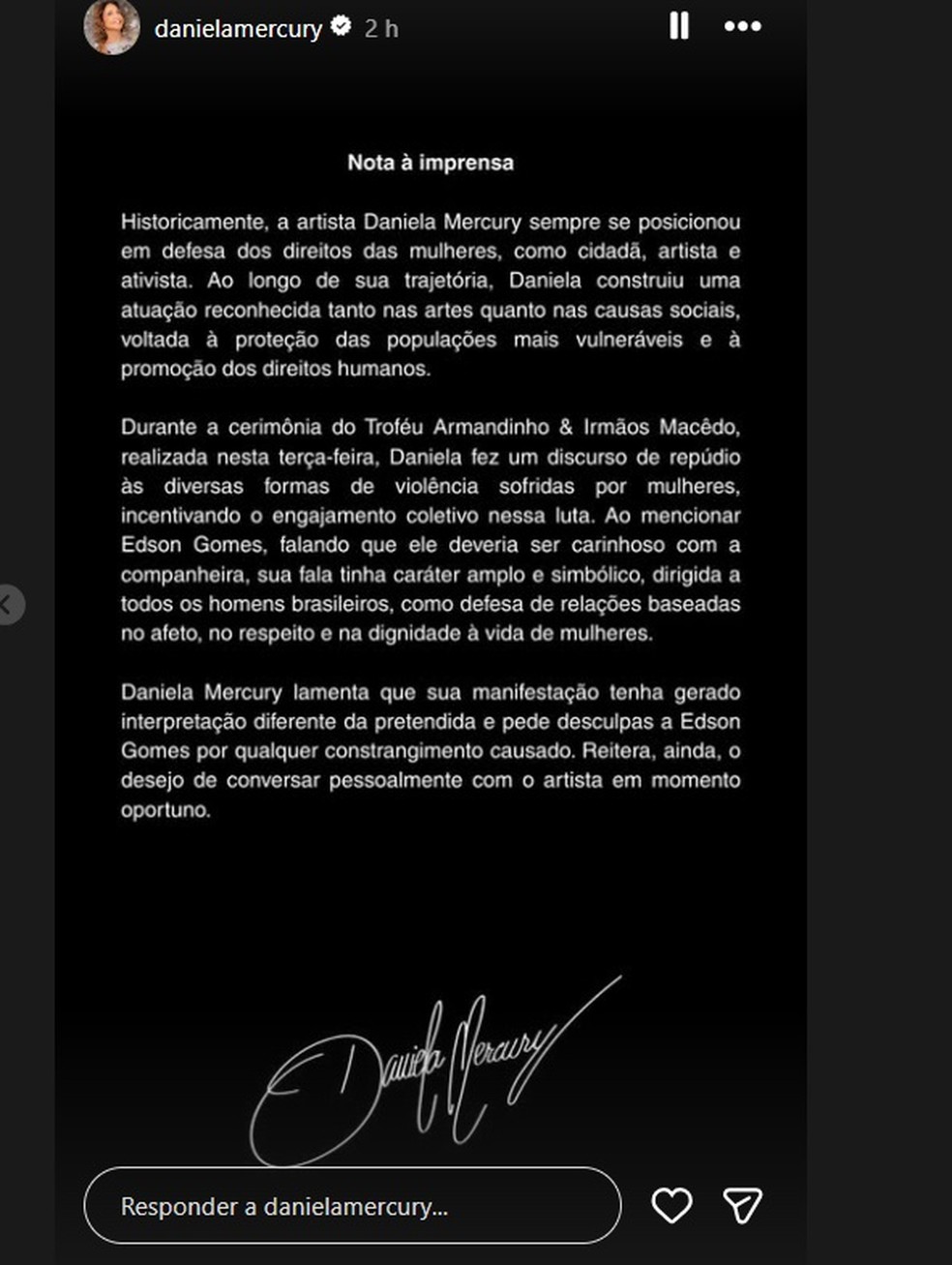 Daniela Mercury se desculpa em nota — Foto: Reprodução/Instagram