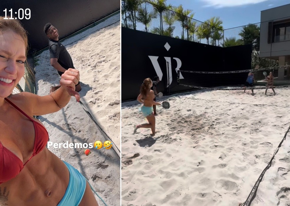 Virginia joga beach tennis na mansão de Vini Jr. com o irmão do jogador — Foto: Instagram