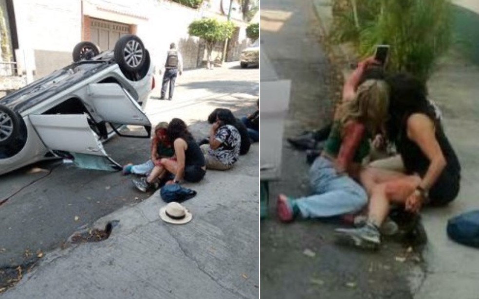 Após capotamento de carro no México, vítimas feridas fazem selfie feridas no local do acidente — Foto: Reprodução/X