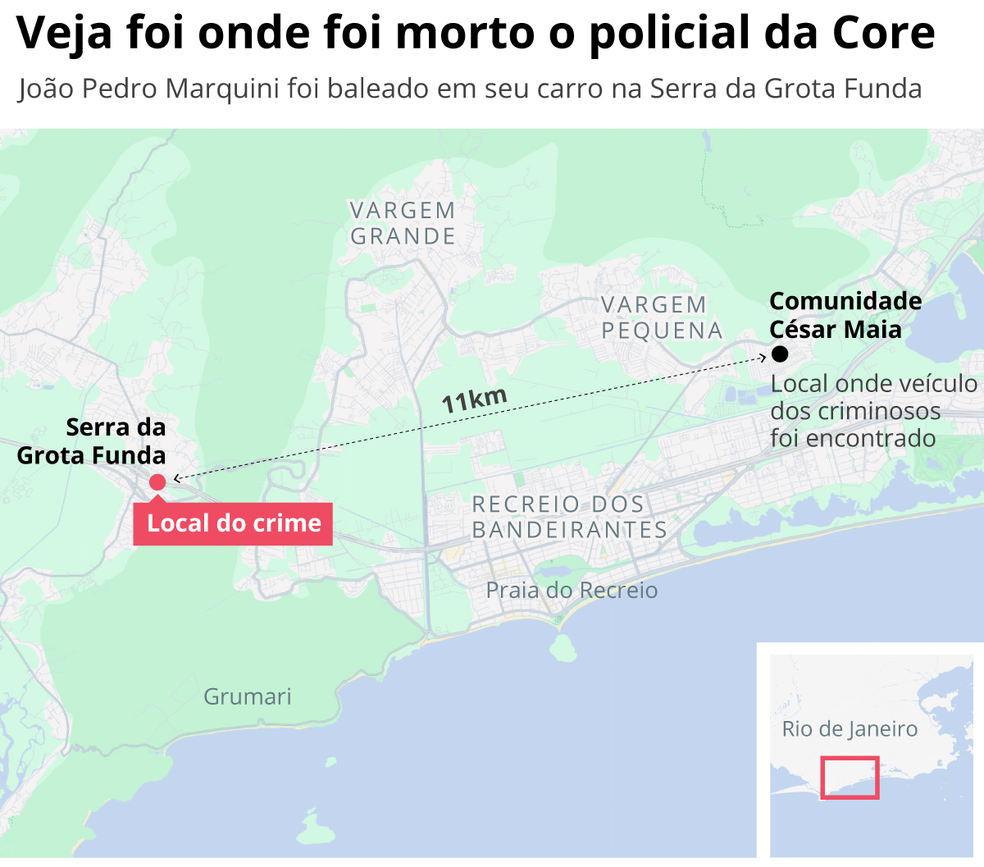 Local onde o policial civil João Pedro Marquini foi baleado e morto no RJ — Foto: Editoria de arte
