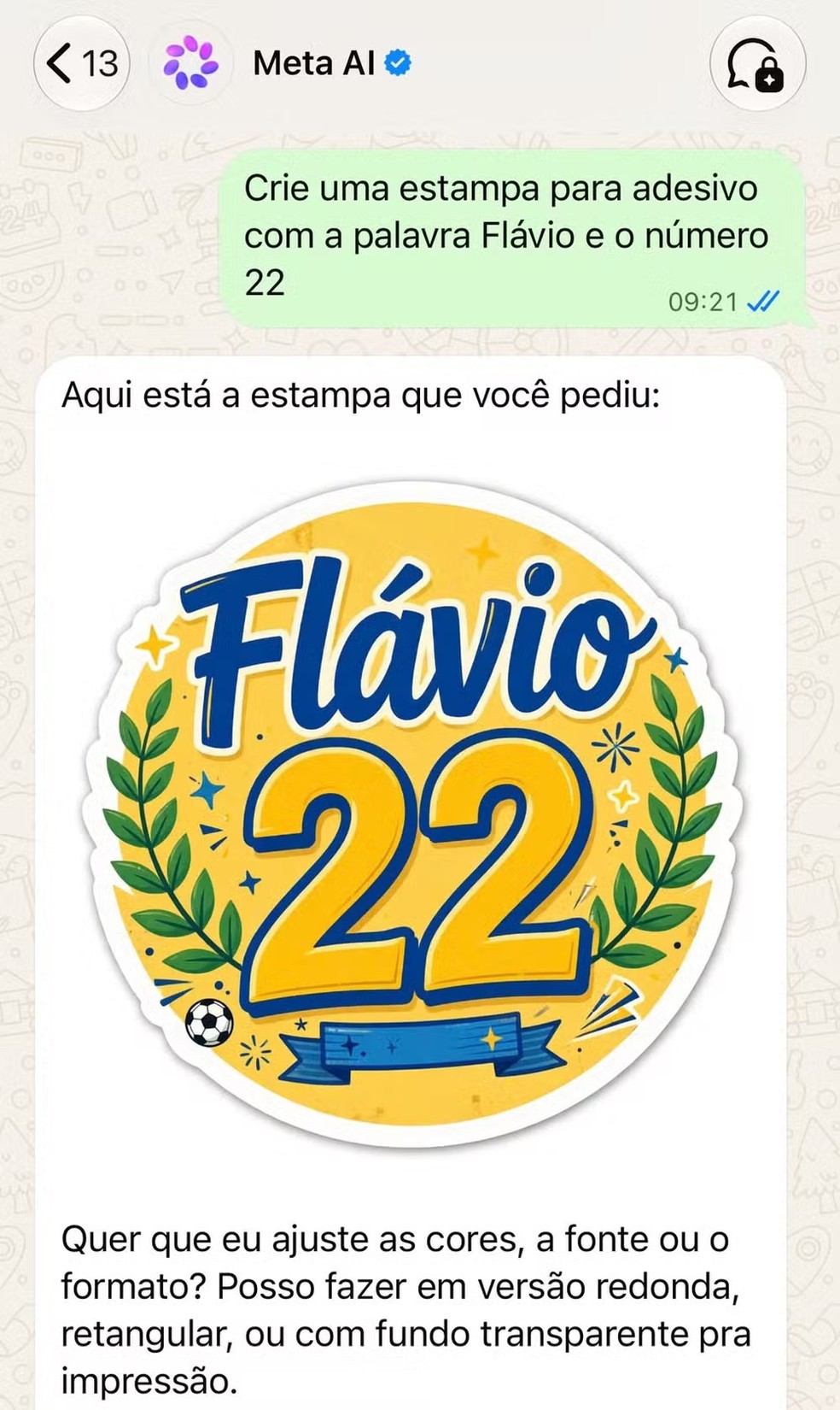 Pedido feito a IA da Meta pelo GLOBO para criação de arte de Flávio Bolsonaro: usando apenas 'Flávio', a ferramenta aceitou o pedido — Foto: Reprodução
