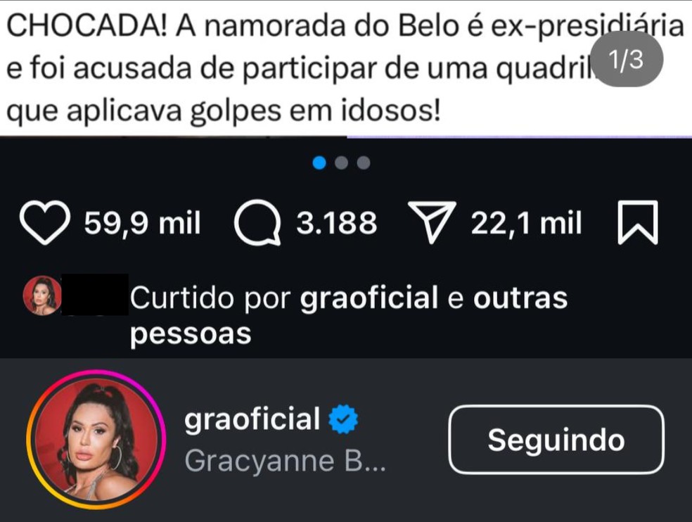 Gracyanne curte comentário sobre prisão e acusação de estelionato contra atual namorada de Belo — Foto: Reprodução/Instagram