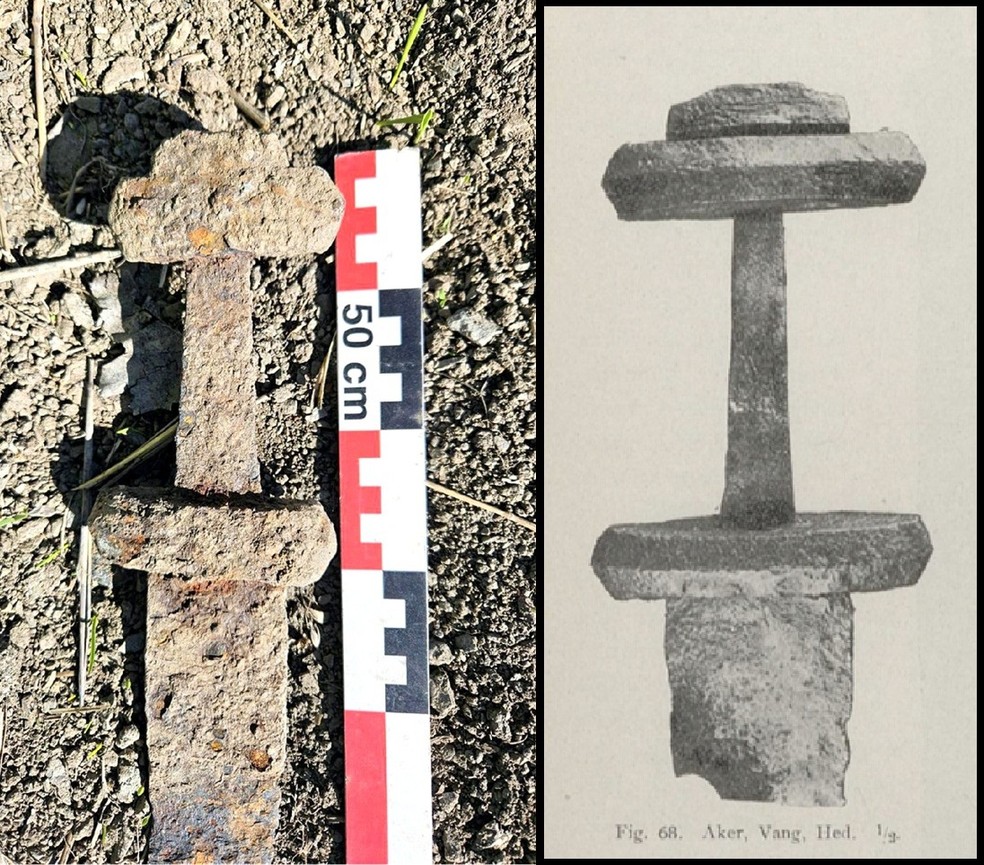 "A espada de Brandbu &eacute; semelhante &agrave; 'espada tipo F' descrita por Jan Petersen em 'As espadas vikings norueguesas: um estudo tipol&oacute;gico-cronol&oacute;gico das armas da Era Viking', de 1919", afirma a organiza&ccedil;&atilde;o &mdash; Foto: Kulturarv i Innlandet
