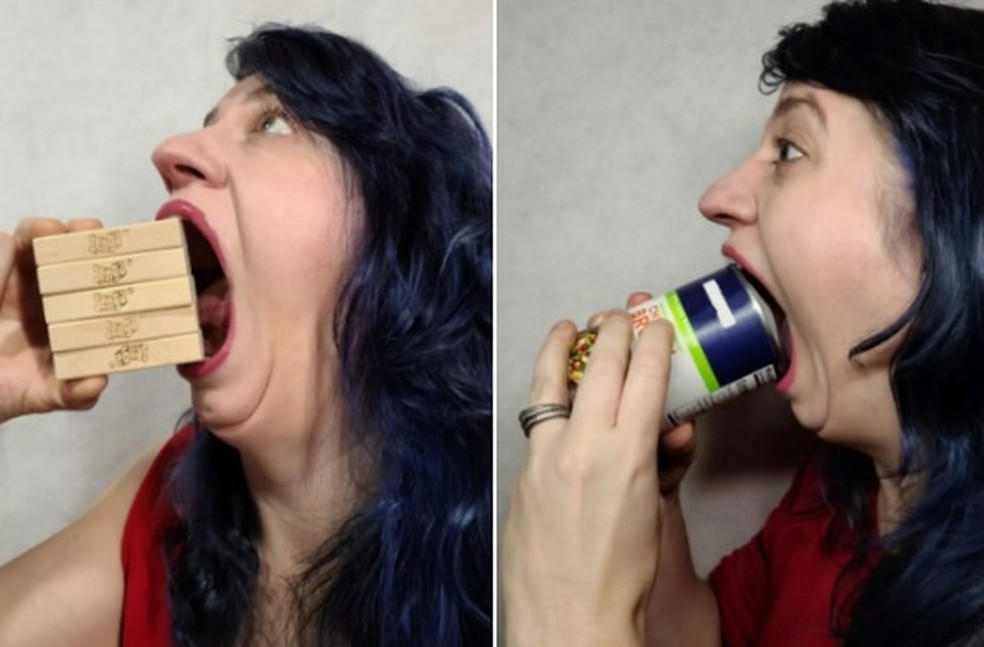 Marie Pearl Zellmer Robinson: recorde mundial de maior abertura lateral de boca — Foto: Reprodução/Guinness Book