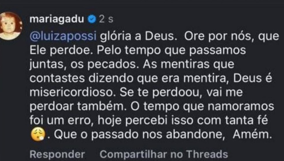 Maria Gadú também fez uma postagem detonando a cantora e revelou que as duas namoraram — Foto: Reprodução/Instagram