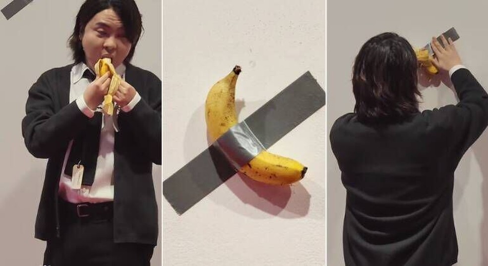 Huyn-soo come a banana de obra de arte de Maurizio Cattelan — Foto: Reprodução