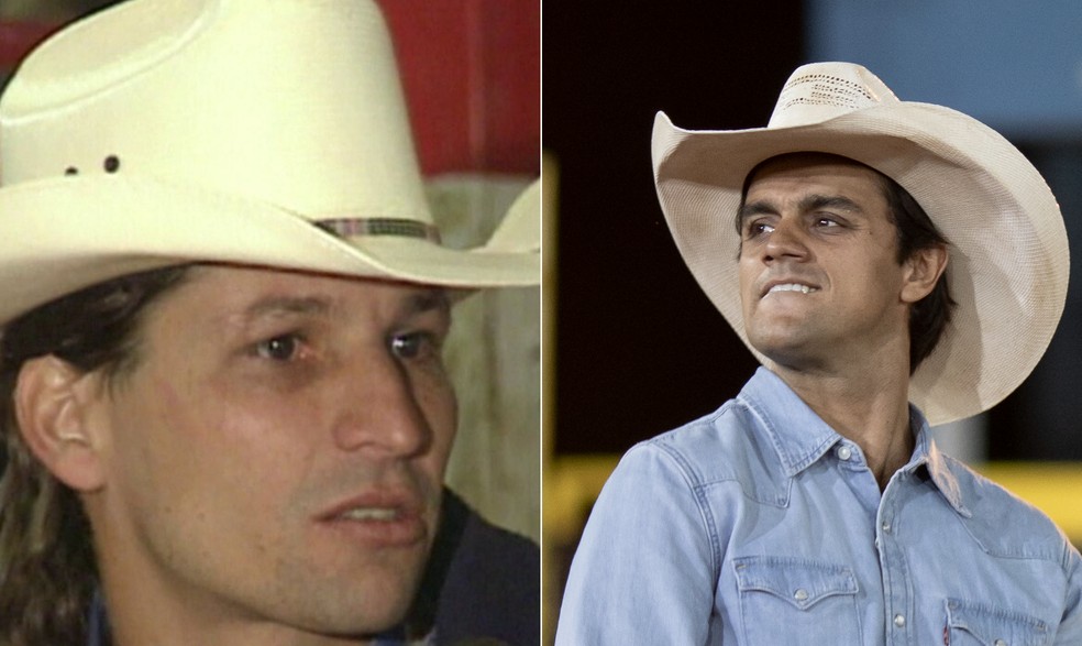 O locutor Asa Branca foi interpretado por Felipe Simas — Foto: Reprodução/TV Globo e Divulgação