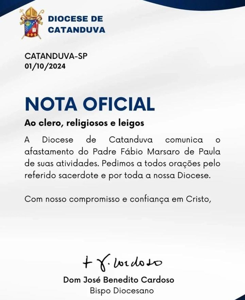 Nota oficial da Diocese de Catanduva &mdash; Foto: Reprodu&ccedil;&atilde;o
