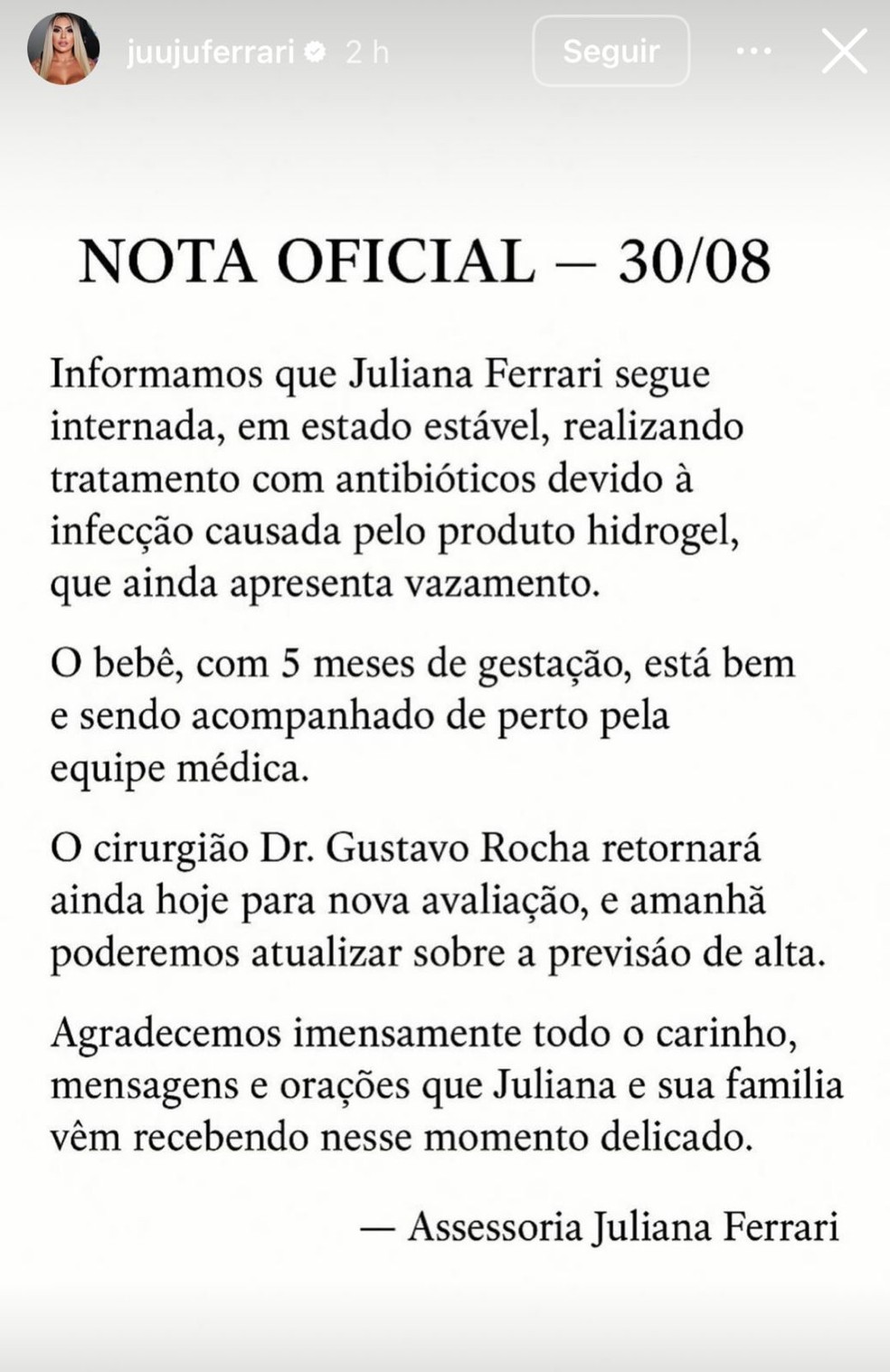 Assessoria de Juju Ferrari divulga nota — Foto: Instagram