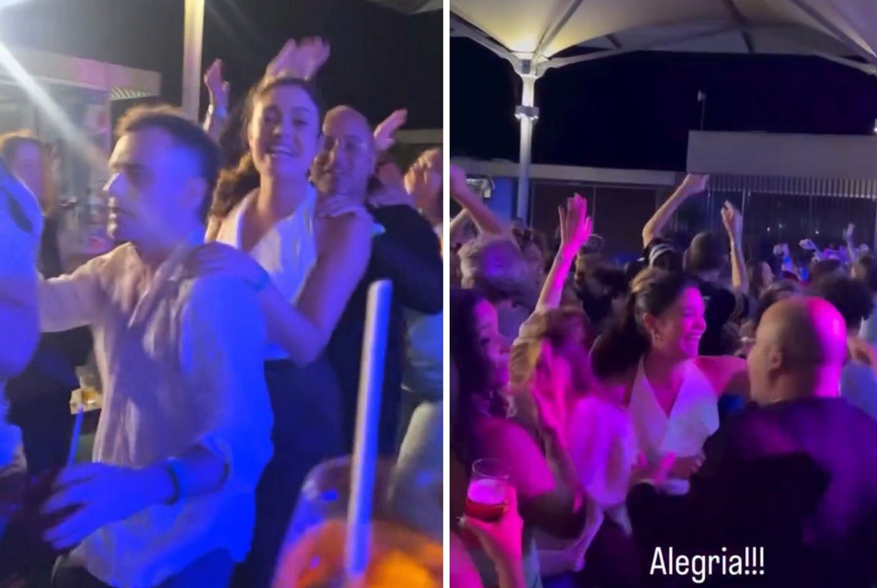 Alana Cabral e elenco de Três Graças em celebração de encerramento de gravações