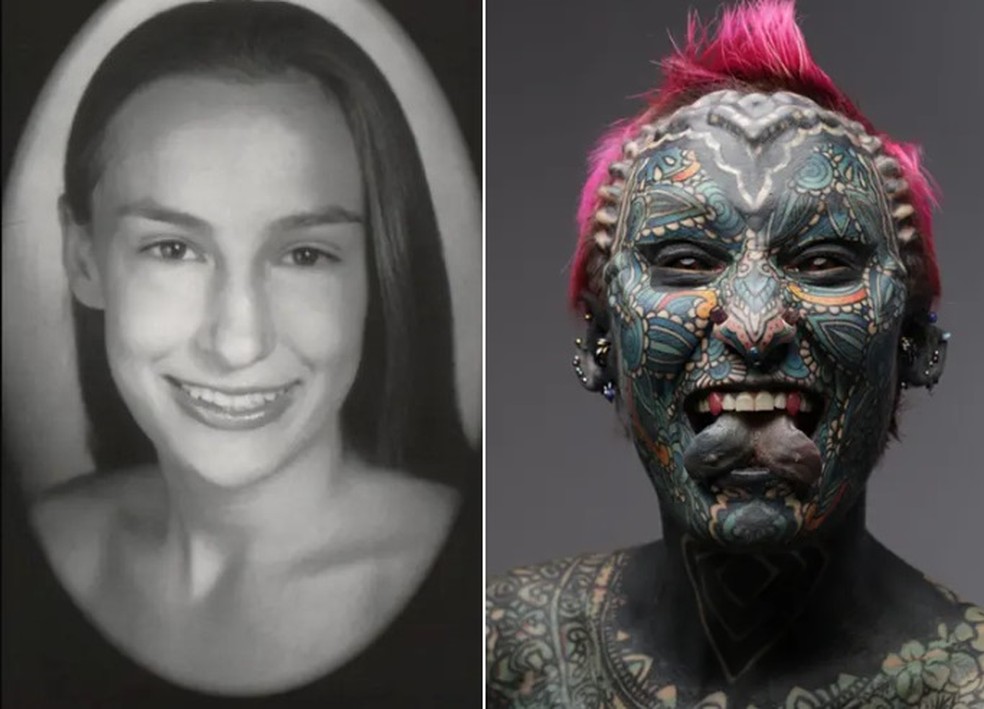 Esperance Lumineska Fuerzina, a mulher mais tatuada e modificada do mundo &mdash; Foto: Reprodu&ccedil;&atilde;o/Guinness Book