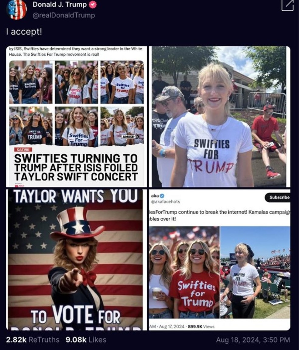 O ex-presidente Trump tamb&eacute;m publicou uma imagem falsa da cantora Taylor Swift pedindo por votos para ele na elei&ccedil;&atilde;o de novembro &mdash; Foto: Reprodu&ccedil;&atilde;o