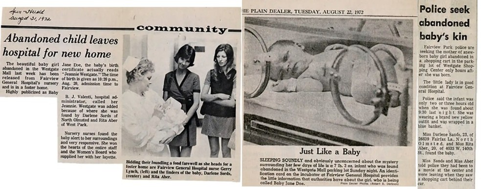 Jornais de 1972 sobre uma bebê encontrada em shopping de Ohio — Foto: Reprodução
