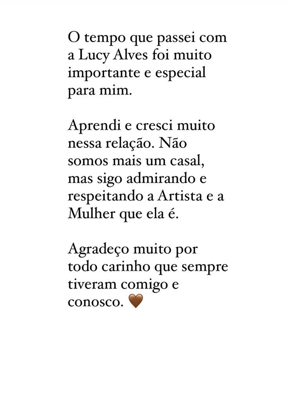 Publicação de Indira anunciando fim do relacionamento com Lucy Alves — Foto: Reprodução/Instagram