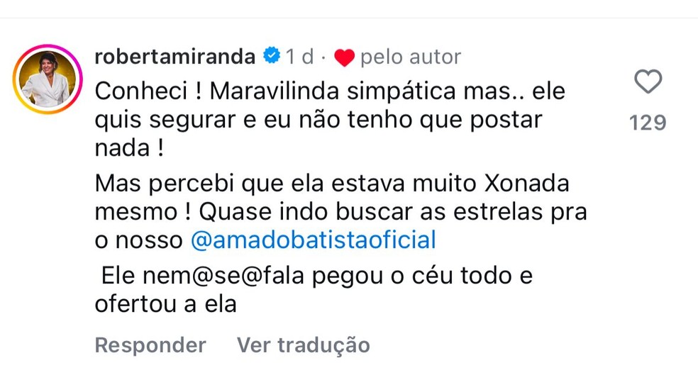 Roberta Miranda confirma namoro de Amado Batista com miss 51 anos mais jovem — Foto: Instagram