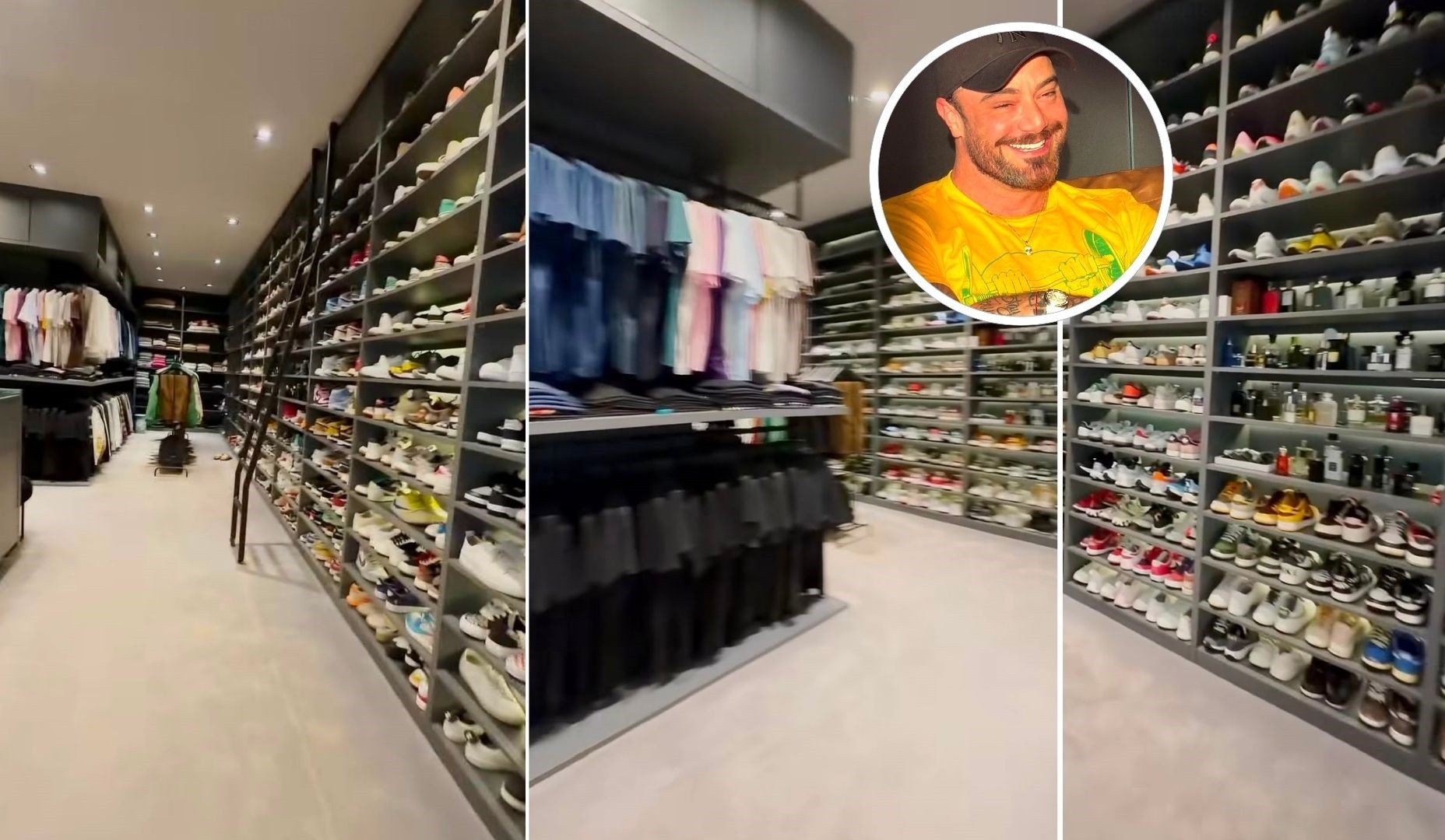 É loja? Closet da mansão de Felipe Titto com mais de 500 pares de tênis impressiona; vídeo