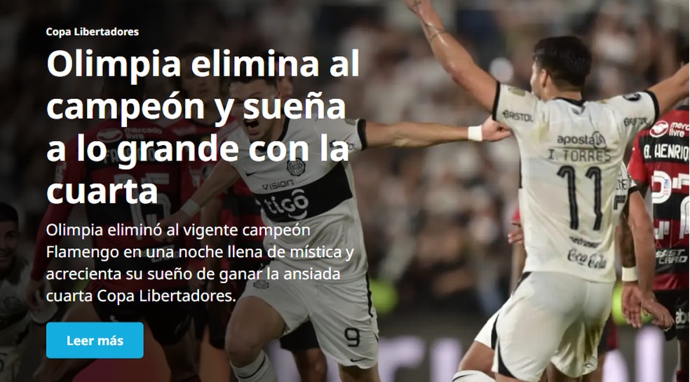 Jornal destaca que Olímpia sonha com a quarta taça da Libertadores — Foto: Reprodução/D10