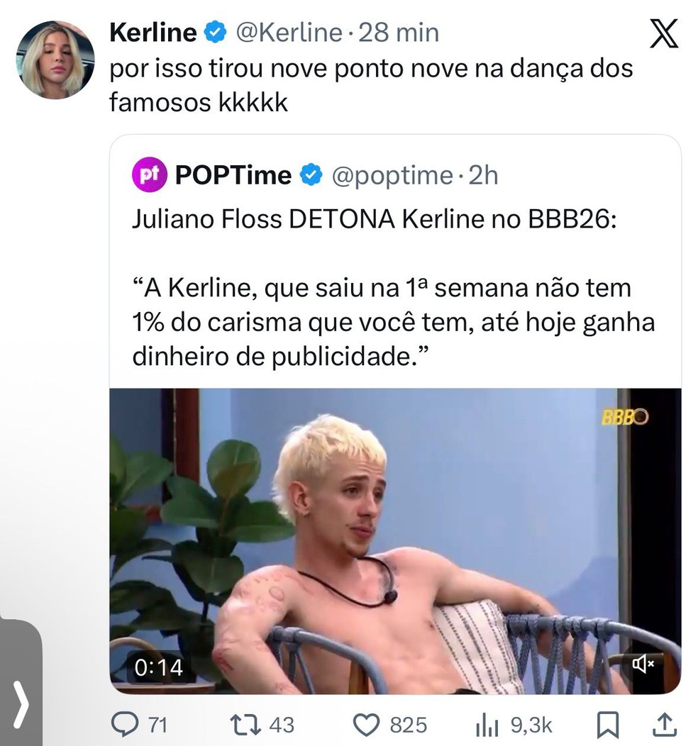 Ex-BBB Kerline rebate fala de Juliano Floss sobre não ter carisma — Foto: Reprodução/Instagram