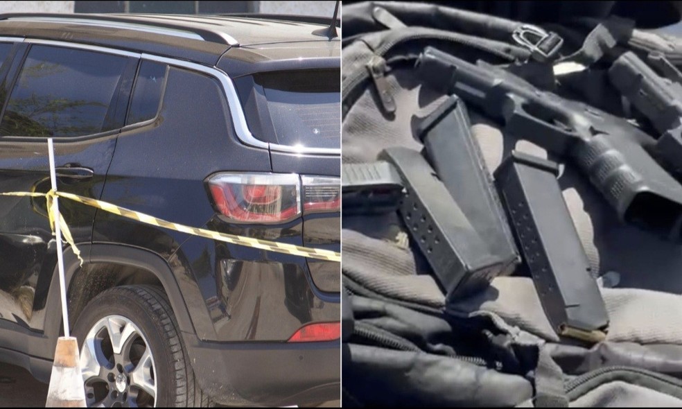 Carro onde os suspeitos foram presos e armas encontradas no veículo — Foto: Júlia Aguiar/Agência o Globo e reprodução