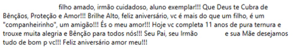 Publicação do pai em homenagem ao aniversário de 11 anos do filho, apreendido na última quarta-feira — Foto: Reprodução