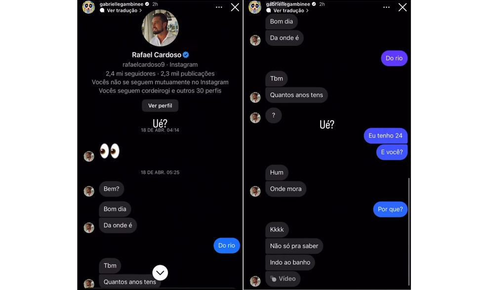Gabrielle Gambine expõe mensagens de Rafael Cardoso — Foto: Reprodução/Instagram