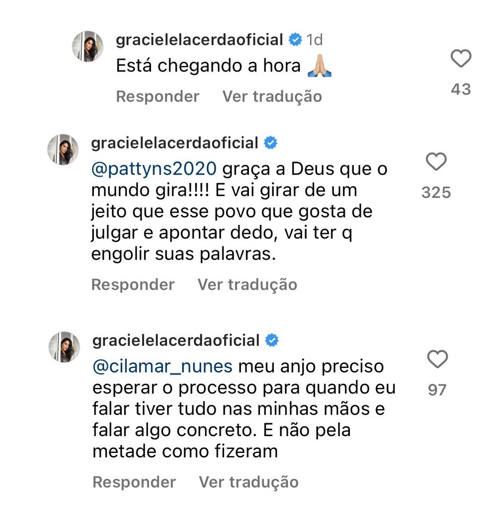 Graciele Lacerda se defende de ataques — Foto: Instagram