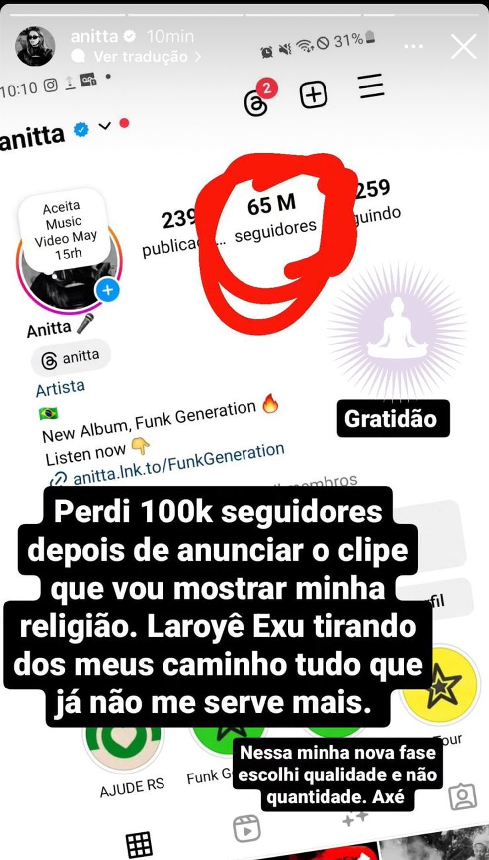 Anitta perde mais de 100 mil seguidores ap&oacute;s anunciar clipe exaltando sua religi&atilde;o &mdash; Foto: Reprodu&ccedil;&atilde;o/Instagram