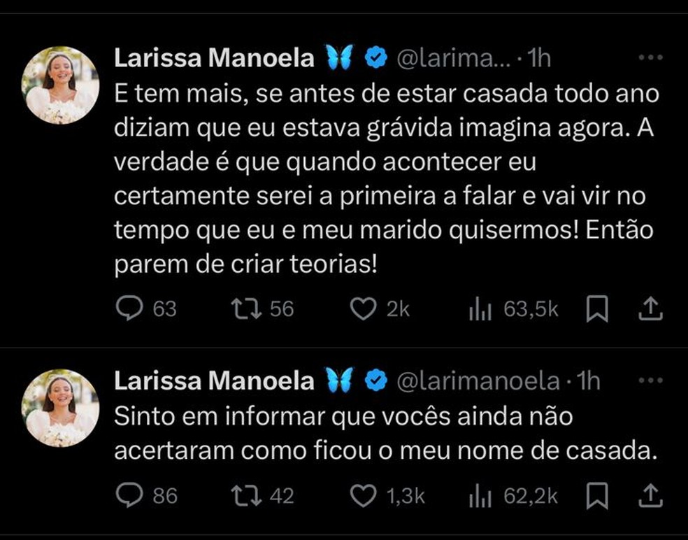 Larissa Manoela desmente rumores de gravidez &mdash; Foto: Reprodu&ccedil;&atilde;o/X (antigo twitter)