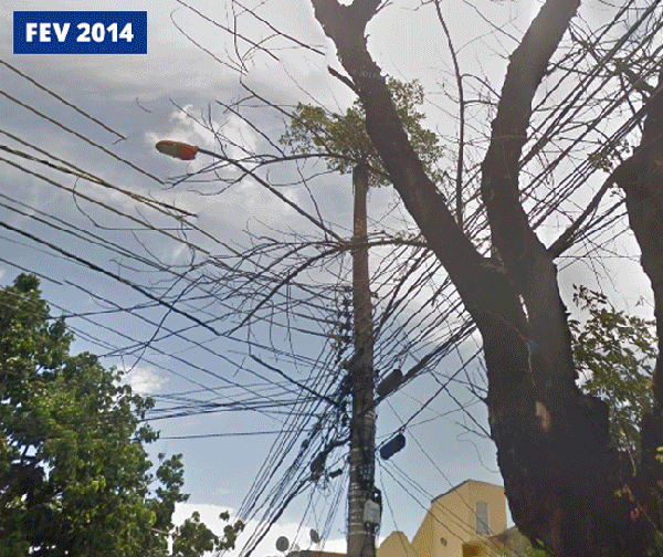 Google Street View mostra árvore sobre poste desde 2014, inclusive momentos em que foi podada — Foto: Editoria de arte
