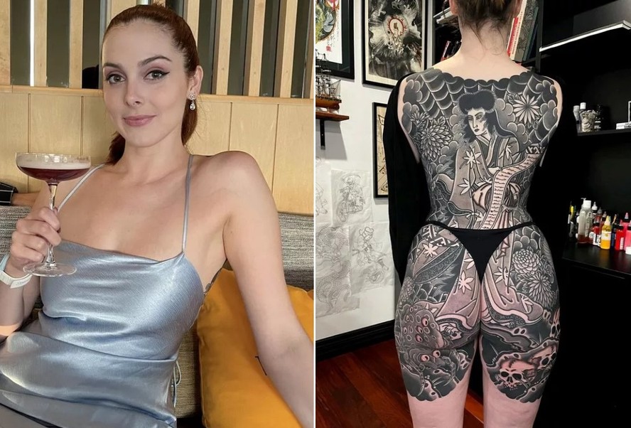 Alexandra Cornish exibe sua 'enorme' tatuagem nas costas, nas nádegas e em parte das coxas
