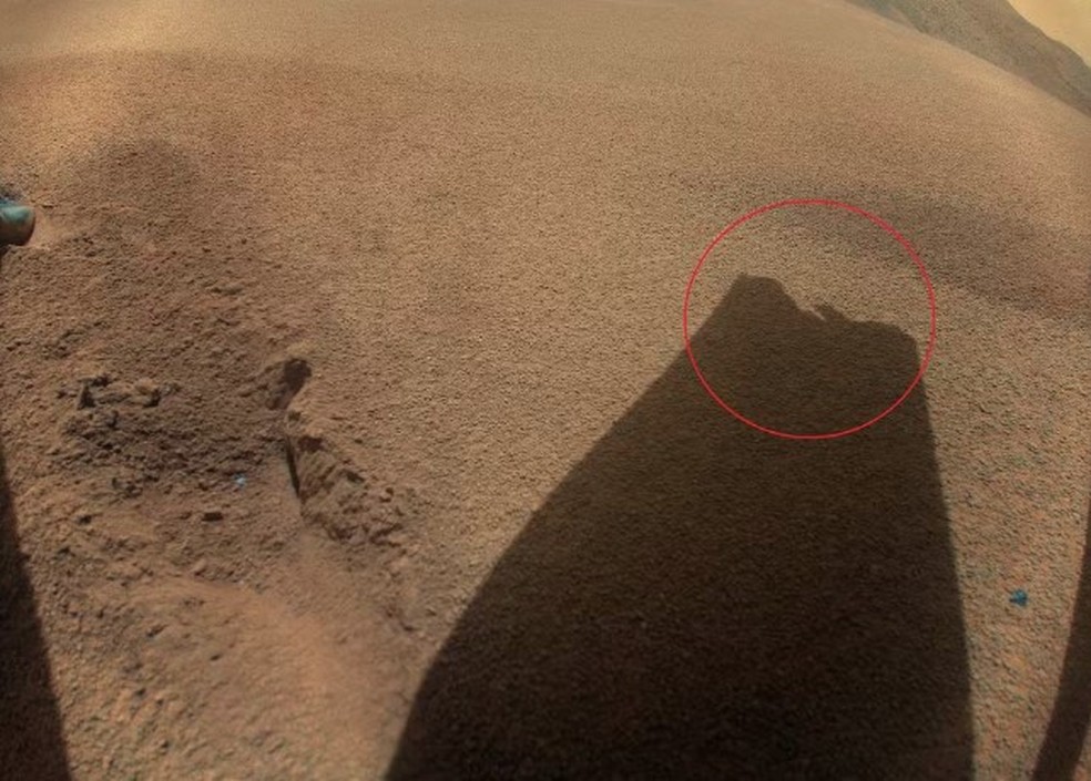 Em janeiro, a Ingenuity capturou imagem mostrando a sombra de uma p&aacute; do seu rotor danificada durante pouso &mdash; Foto: Reprodu&ccedil;&atilde;o/Nasa