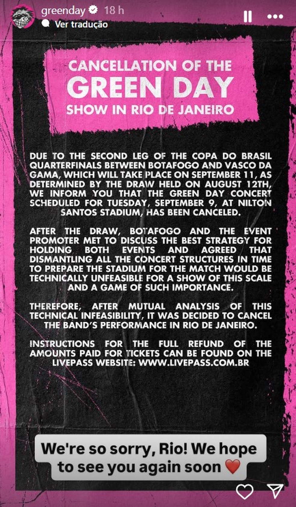 A banda Green Day n&atilde;o far&aacute; mais show no Rio em 2025 &mdash; Foto: Reprodu&ccedil;&atilde;o/Instagram