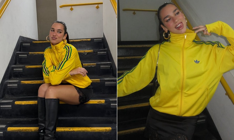 Fotos postadas pela cantora Dua Lipa, usando os brincos da designer brasileira Flavia Madeira