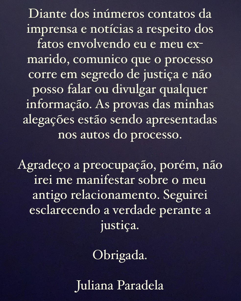 Juliana se pronunciou nas redes sociais &mdash; Foto: Reprodu&ccedil;&atilde;o/Instagram