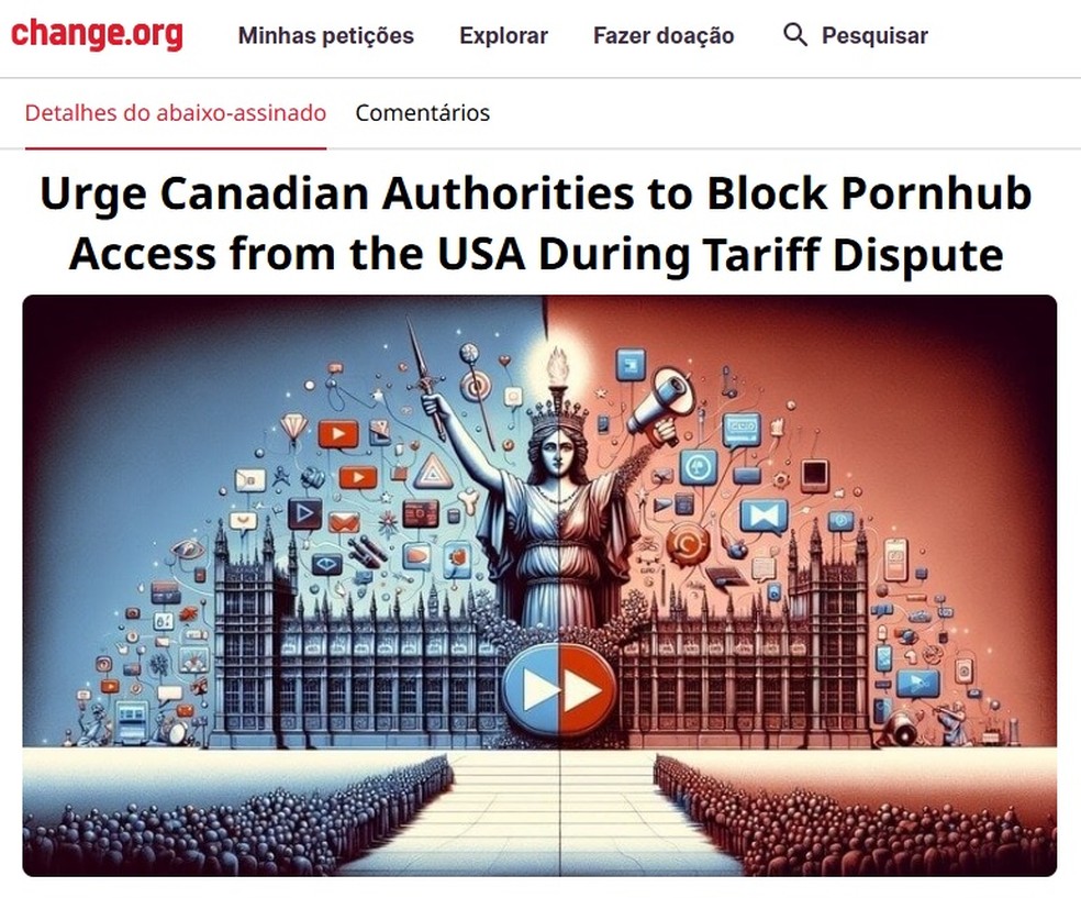 Petição para o Canadá bloquear o Pornhub nos EUA — Foto: Reprodução