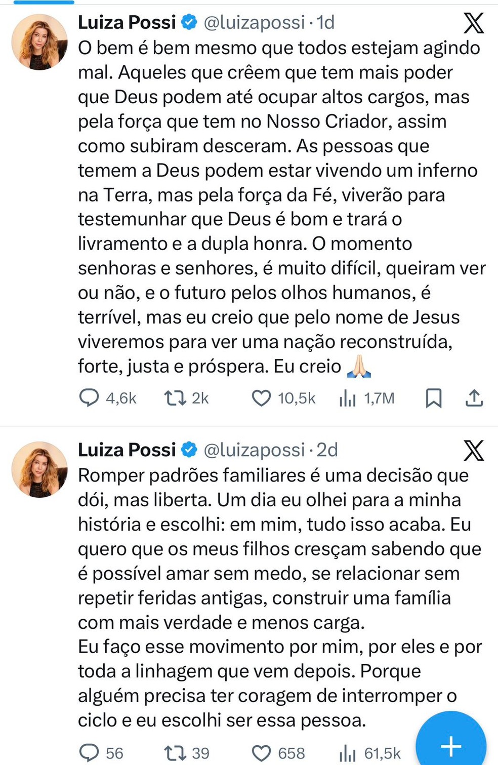 As postagens de Luiza Possi — Foto: Reprodução/X