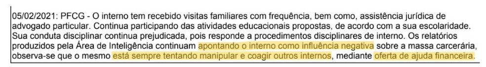 O trecho do relatório sobre Fernandinho Beira-Mar — Foto: Reprodução