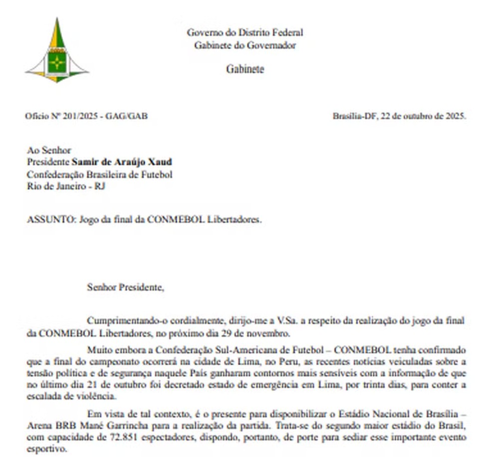 Governo do Distrito Federal faz lobby para que Brasília se torne a sede da final da Libertadores — Foto: Reprodução